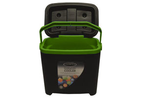 Leisure Quip 26L Cooler Box – Black Outer & Lid with Green Handle & Inner